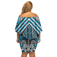 Maori Tukutuku Taniko Motifs Family Matching Off Shoulder Short Dress and Hawaiian Shirt Turquoise Poutama Mix Kowhaiwhai LT7 - Polynesian Pride