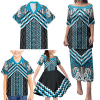 Maori Tukutuku Taniko Motifs Family Matching Puletasi and Hawaiian Shirt Turquoise Poutama Mix Kowhaiwhai LT7 - Polynesian Pride