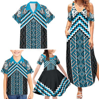 Maori Tukutuku Taniko Motifs Family Matching Summer Maxi Dress and Hawaiian Shirt Turquoise Poutama Mix Kowhaiwhai LT7 - Polynesian Pride
