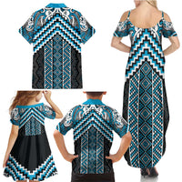 Maori Tukutuku Taniko Motifs Family Matching Summer Maxi Dress and Hawaiian Shirt Turquoise Poutama Mix Kowhaiwhai LT7 - Polynesian Pride
