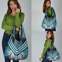 Maori Tukutuku Taniko Motifs Grocery Bag Turquoise Poutama Mix Kowhaiwhai