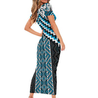 Maori Tukutuku Taniko Motifs Short Sleeve Bodycon Dress Turquoise Poutama Mix Kowhaiwhai LT7 - Polynesian Pride