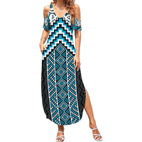 Maori Tukutuku Taniko Motifs Summer Maxi Dress Turquoise Poutama Mix Kowhaiwhai