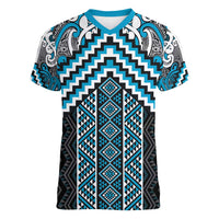 Maori Tukutuku Taniko Motifs Women V-Neck T-Shirt Turquoise Poutama Mix Kowhaiwhai