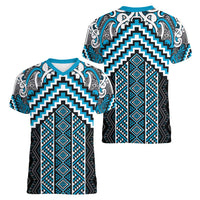 Maori Tukutuku Taniko Motifs Women V-Neck T-Shirt Turquoise Poutama Mix Kowhaiwhai