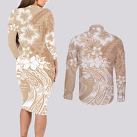 Polynesian Women's Day Couples Matching Long Sleeve Bodycon Dress and Long Sleeve Button Shirt Plumeria Passion - Beige LT7 - Polynesian Pride