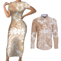Polynesian Women's Day Couples Matching Short Sleeve Bodycon Dress and Long Sleeve Button Shirt Plumeria Passion - Beige LT7 Beige - Polynesian Pride