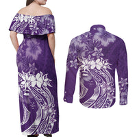 Polynesian Women's Day Couples Matching Off Shoulder Maxi Dress and Long Sleeve Button Shirt Plumeria Passion - Purple LT7 - Polynesian Pride
