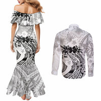 Polynesian Women's Day Couples Matching Mermaid Dress and Long Sleeve Button Shirt Plumeria Passion - White LT7 - Polynesian Pride
