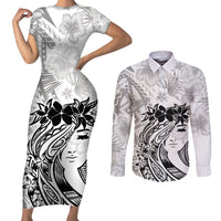 Polynesian Women's Day Couples Matching Short Sleeve Bodycon Dress and Long Sleeve Button Shirt Plumeria Passion - White LT7 White - Polynesian Pride