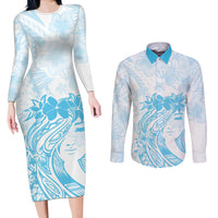Polynesian Women's Day Couples Matching Long Sleeve Bodycon Dress and Long Sleeve Button Shirt Plumeria Passion - Turquoise LT7 Turquoise - Polynesian Pride