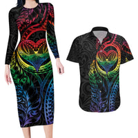 New Zealand Pride Couples Matching Long Sleeve Bodycon Dress and Hawaiian Shirt Takatapui Rainbow Fern LT7 Colorful - Polynesian Pride