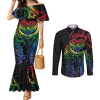 New Zealand Pride Couples Matching Mermaid Dress and Long Sleeve Button Shirt Takatapui Rainbow Fern LT7 Colorful - Polynesian Pride