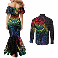 New Zealand Pride Couples Matching Mermaid Dress and Long Sleeve Button Shirt Takatapui Rainbow Fern LT7 - Polynesian Pride