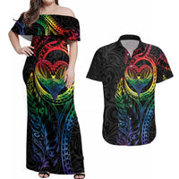 New Zealand Pride Couples Matching Off Shoulder Maxi Dress and Hawaiian Shirt Takatapui Rainbow Fern LT7 Colorful - Polynesian Pride