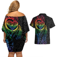 New Zealand Pride Couples Matching Off Shoulder Short Dress and Hawaiian Shirt Takatapui Rainbow Fern LT7 - Polynesian Pride