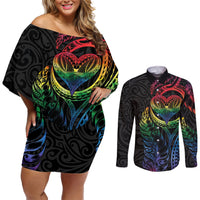 New Zealand Pride Couples Matching Off Shoulder Short Dress and Long Sleeve Button Shirt Takatapui Rainbow Fern LT7 Colorful - Polynesian Pride
