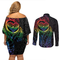 New Zealand Pride Couples Matching Off Shoulder Short Dress and Long Sleeve Button Shirt Takatapui Rainbow Fern LT7 - Polynesian Pride