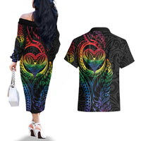 New Zealand Pride Couples Matching Off The Shoulder Long Sleeve Dress and Hawaiian Shirt Takatapui Rainbow Fern LT7 - Polynesian Pride
