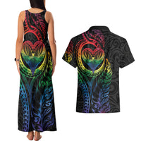 New Zealand Pride Couples Matching Tank Maxi Dress and Hawaiian Shirt Takatapui Rainbow Fern LT7 - Polynesian Pride
