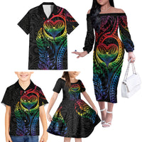 New Zealand Pride Family Matching Off The Shoulder Long Sleeve Dress and Hawaiian Shirt Takatapui Rainbow Fern LT7 - Polynesian Pride