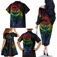 New Zealand Pride Family Matching Off The Shoulder Long Sleeve Dress and Hawaiian Shirt Takatapui Rainbow Fern LT7 - Polynesian Pride
