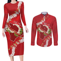 Hawaii Island Flowers Lei Couples Matching Long Sleeve Bodycon Dress and Long Sleeve Button Shirt Ohia Lehua Scarlet Red LT7 Red - Polynesian Pride