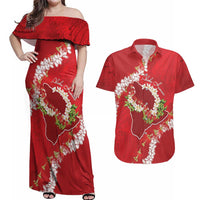 Hawaii Island Flowers Lei Couples Matching Off Shoulder Maxi Dress and Hawaiian Shirt Ohia Lehua Scarlet Red LT7 Red - Polynesian Pride
