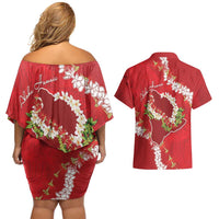 Hawaii Island Flowers Lei Couples Matching Off Shoulder Short Dress and Hawaiian Shirt Ohia Lehua Scarlet Red LT7 - Polynesian Pride
