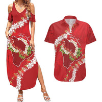 Hawaii Island Flowers Lei Couples Matching Summer Maxi Dress and Hawaiian Shirt Ohia Lehua Scarlet Red LT7 Red - Polynesian Pride