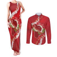 Hawaii Island Flowers Lei Couples Matching Tank Maxi Dress and Long Sleeve Button Shirt Ohia Lehua Scarlet Red LT7 Red - Polynesian Pride