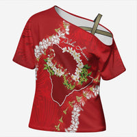 Hawaii Island Flowers Lei Cross Shoulder Shirt Ohia Lehua Scarlet Red