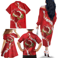 Hawaii Island Flowers Lei Family Matching Off The Shoulder Long Sleeve Dress and Hawaiian Shirt Ohia Lehua Scarlet Red LT7 - Polynesian Pride