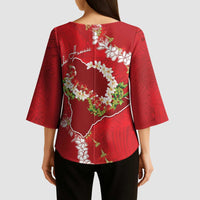 Hawaii Island Flowers Lei Kimono Sleeve Blouse Ohia Lehua Scarlet Red