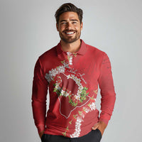 Hawaii Island Flowers Lei Long Sleeve Polo Shirt Ohia Lehua Scarlet Red