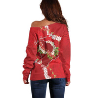 Hawaii Island Flowers Lei Off Shoulder Sweater Ohia Lehua Scarlet Red