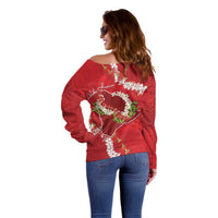 Hawaii Island Flowers Lei Off Shoulder Sweater Ohia Lehua Scarlet Red