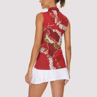Hawaii Island Flowers Lei Women Sleeveless Polo Shirt Ohia Lehua Scarlet Red LT7 - Polynesian Pride