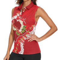 Hawaii Island Flowers Lei Women Sleeveless Polo Shirt Ohia Lehua Scarlet Red LT7 - Polynesian Pride