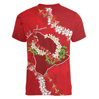 Hawaii Island Flowers Lei Women V-Neck T-Shirt Ohia Lehua Scarlet Red LT7 - Polynesian Pride