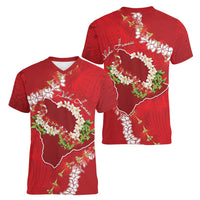 Hawaii Island Flowers Lei Women V-Neck T-Shirt Ohia Lehua Scarlet Red LT7 - Polynesian Pride