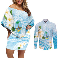 Guam Chamorro Guasali Flowers Couples Matching Off Shoulder Short Dress and Long Sleeve Button Shirt Aqua Gradient LT7 Aquamarine - Polynesian Pride