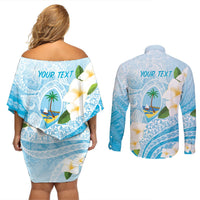 Guam Chamorro Guasali Flowers Couples Matching Off Shoulder Short Dress and Long Sleeve Button Shirt Aqua Gradient LT7 - Polynesian Pride