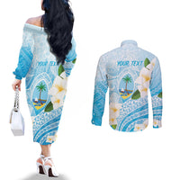 Guam Chamorro Guasali Flowers Couples Matching Off The Shoulder Long Sleeve Dress and Long Sleeve Button Shirt Aqua Gradient