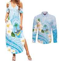 Guam Chamorro Guasali Flowers Couples Matching Summer Maxi Dress and Long Sleeve Button Shirt Aqua Gradient LT7 Aquamarine - Polynesian Pride