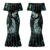 Aotearoa Maori Mahuru Couples Matching Mermaid Dress and Long Sleeve Button Shirt Spring Time - Paua Shell Green LT7 - Polynesian Pride