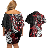 Aotearoa Toitu Te Tiriti Couples Matching Off Shoulder Short Dress and Hawaiian Shirt Whakairo Wheku