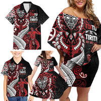 Aotearoa Toitu Te Tiriti Family Matching Off Shoulder Short Dress and Hawaiian Shirt Whakairo Wheku LT7 - Polynesian Pride