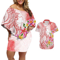 Polynesian Women's Day Wahine Couples Matching Off Shoulder Short Dress and Hawaiian Shirt Plumeria Marble Glaze - Pink LT7 Pink - Polynesian Pride