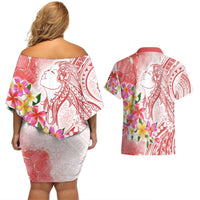 Polynesian Women's Day Wahine Couples Matching Off Shoulder Short Dress and Hawaiian Shirt Plumeria Marble Glaze - Pink LT7 - Polynesian Pride